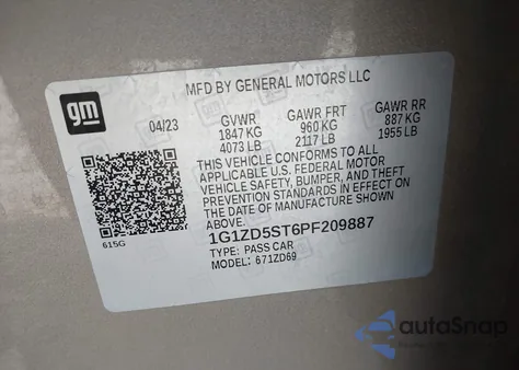 2023 Chevrolet Malibu Fwd 1Lt z USA, uszkodzony, nr VIN 1G1ZD5ST6PF209887